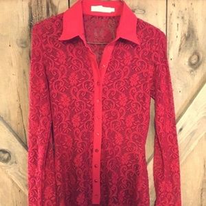 Womans Vintage Red Stretch Lace Blouse size 36